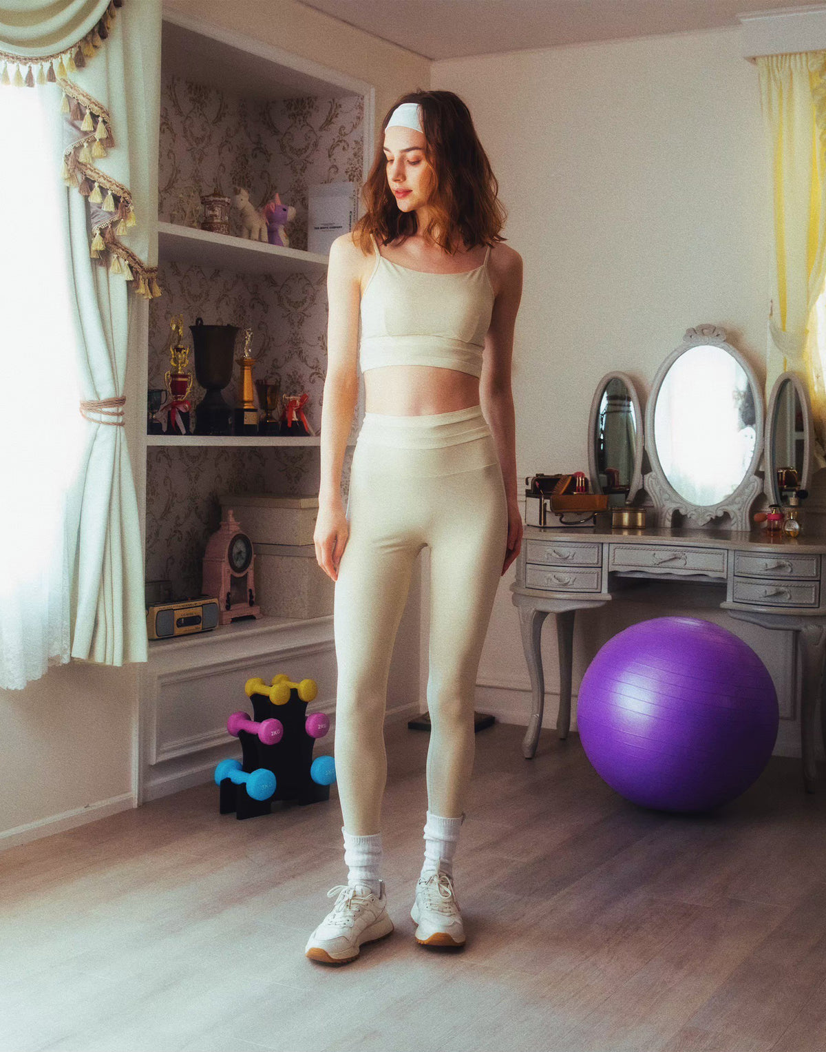 Waist Border Pattern Leggings - Beige