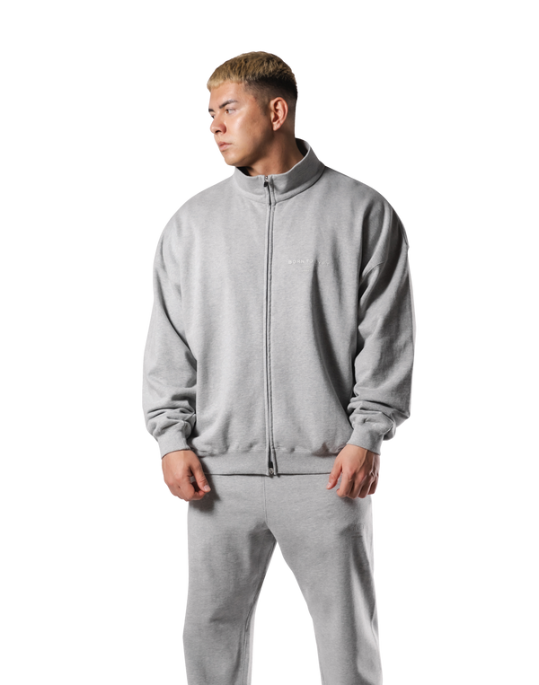 Stand Collar Zip-Up Oversize Sweat Jacket - Grey