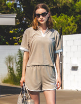 Bicolor Split Neck Pile T-Shirt - Beige