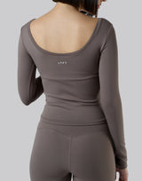 Round Open Back Long Sleeve Top - Brown