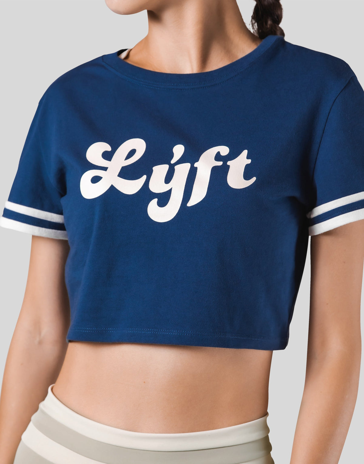 Old Logo Stripe Rib Cropped T-Shirt - Navy