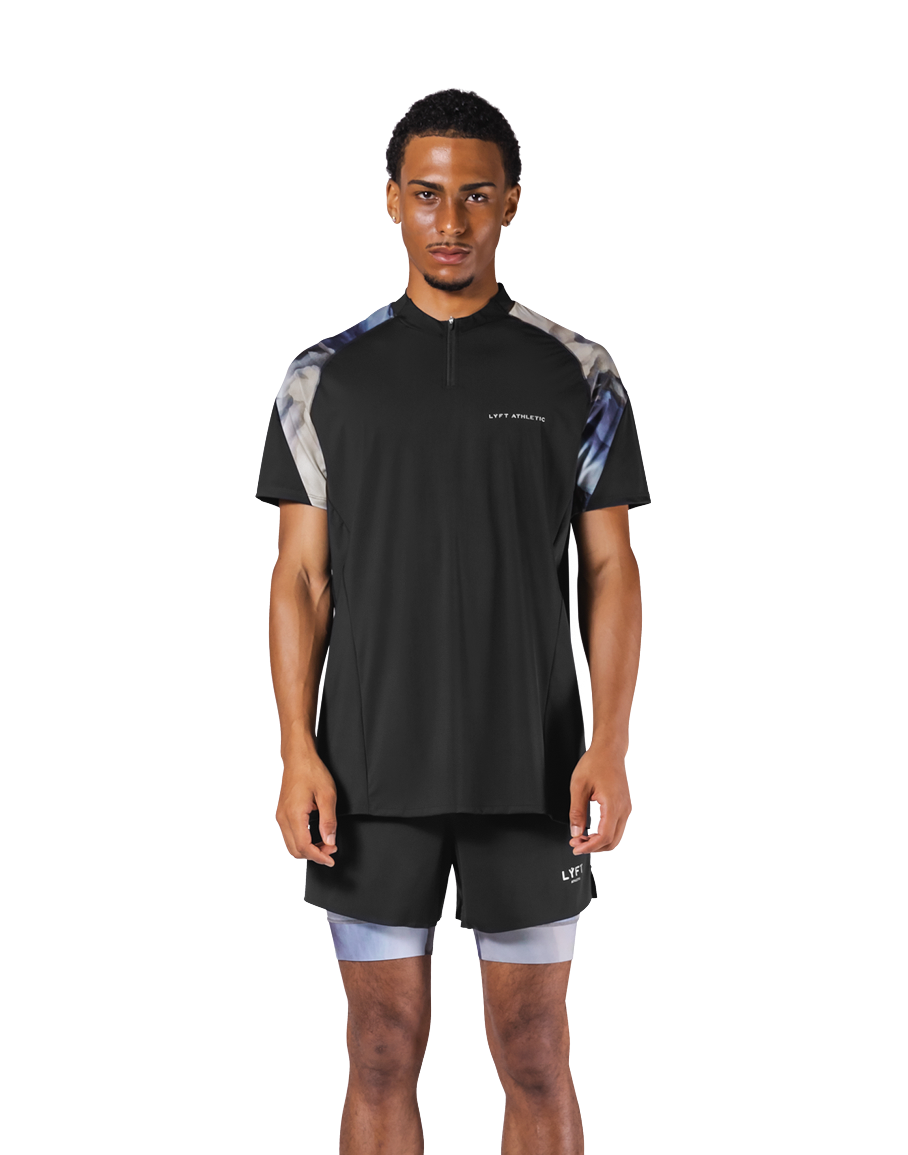 Shoulder Pattern Half Zip Stretch T-Shirt - Blue – LÝFT Shoulder Pattern Half Zip Stretch T-Shirt - Blue – LÝFT
