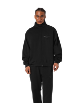 Stand Collar Zip-Up Oversize Sweat Jacket - Black