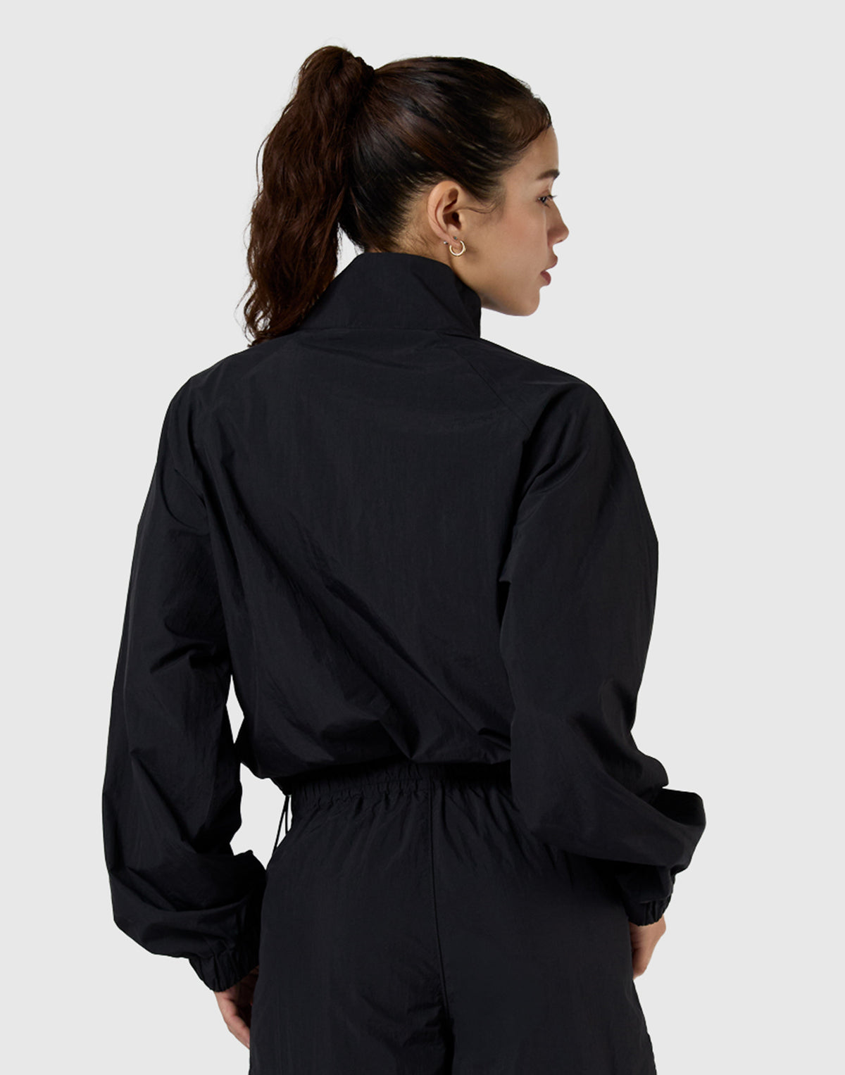Half-Zip Cropped Nylon Pullover - Black