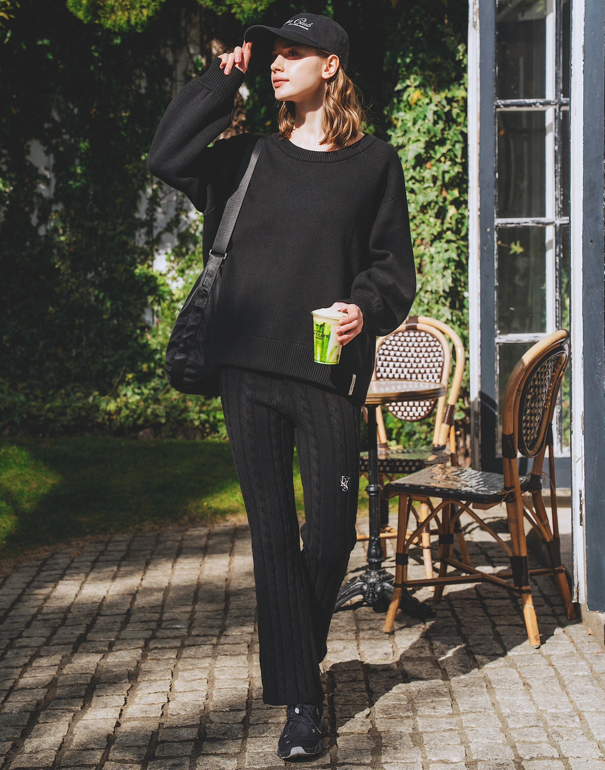 Cable Knit Flared Pants - Black