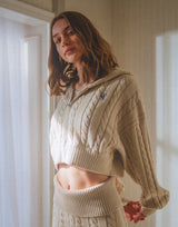 Cropped Cable Knit Hoodie - Ivory