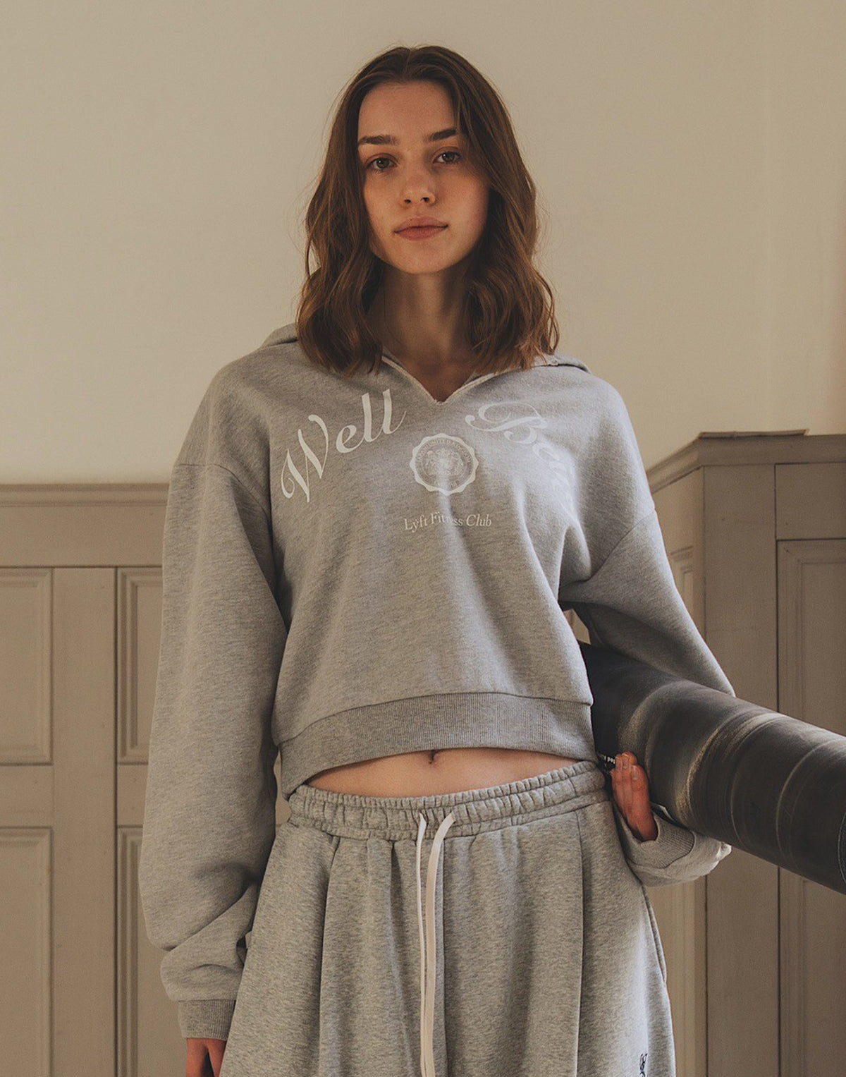 Front-Cut Cropped Hoodie - Gray
