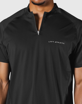 Shoulder Pattern Half Zip Stretch T-Shirt - Black