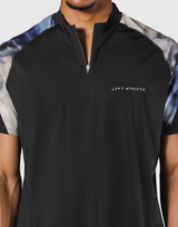 Shoulder Pattern Half Zip Stretch T-Shirt - Blue