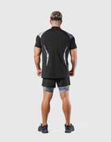 Shoulder Pattern Half Zip Stretch T-Shirt - Blue