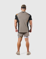 Shoulder Pattern Half Zip Stretch T-Shirt - Beige
