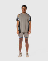 Shoulder Pattern Half Zip Stretch T-Shirt - Beige