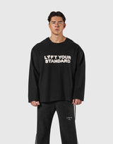 Pile Wappen Knit Like Loose Sweat Shirt - Black