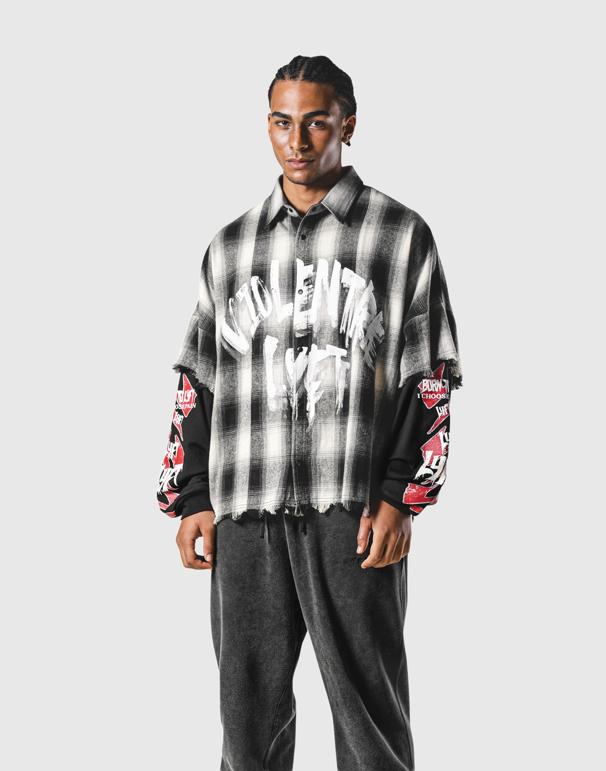 Cut-Off layered Oversize Check Shirt - Black