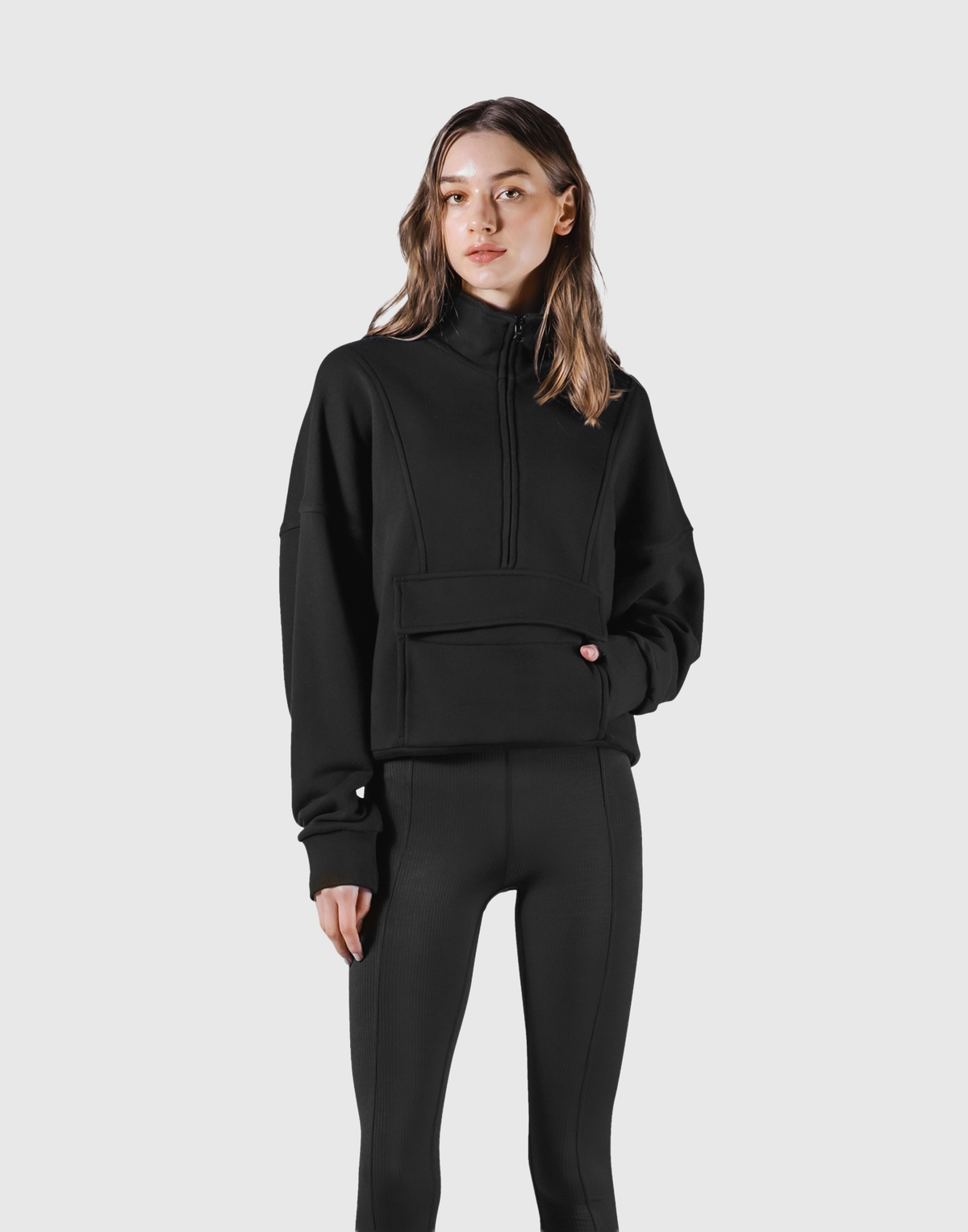 Half Zip 2Way Pocket Sweat Jacket - Black