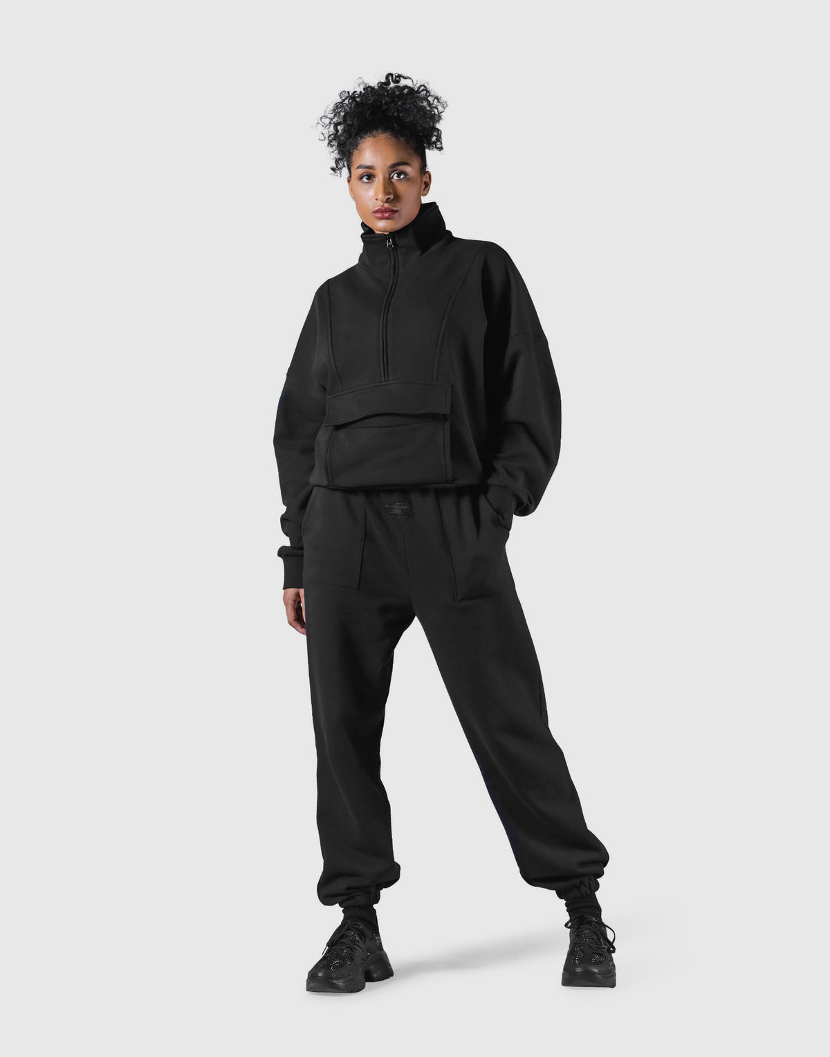 Half Zip 2Way Pocket Sweat Jacket - Black