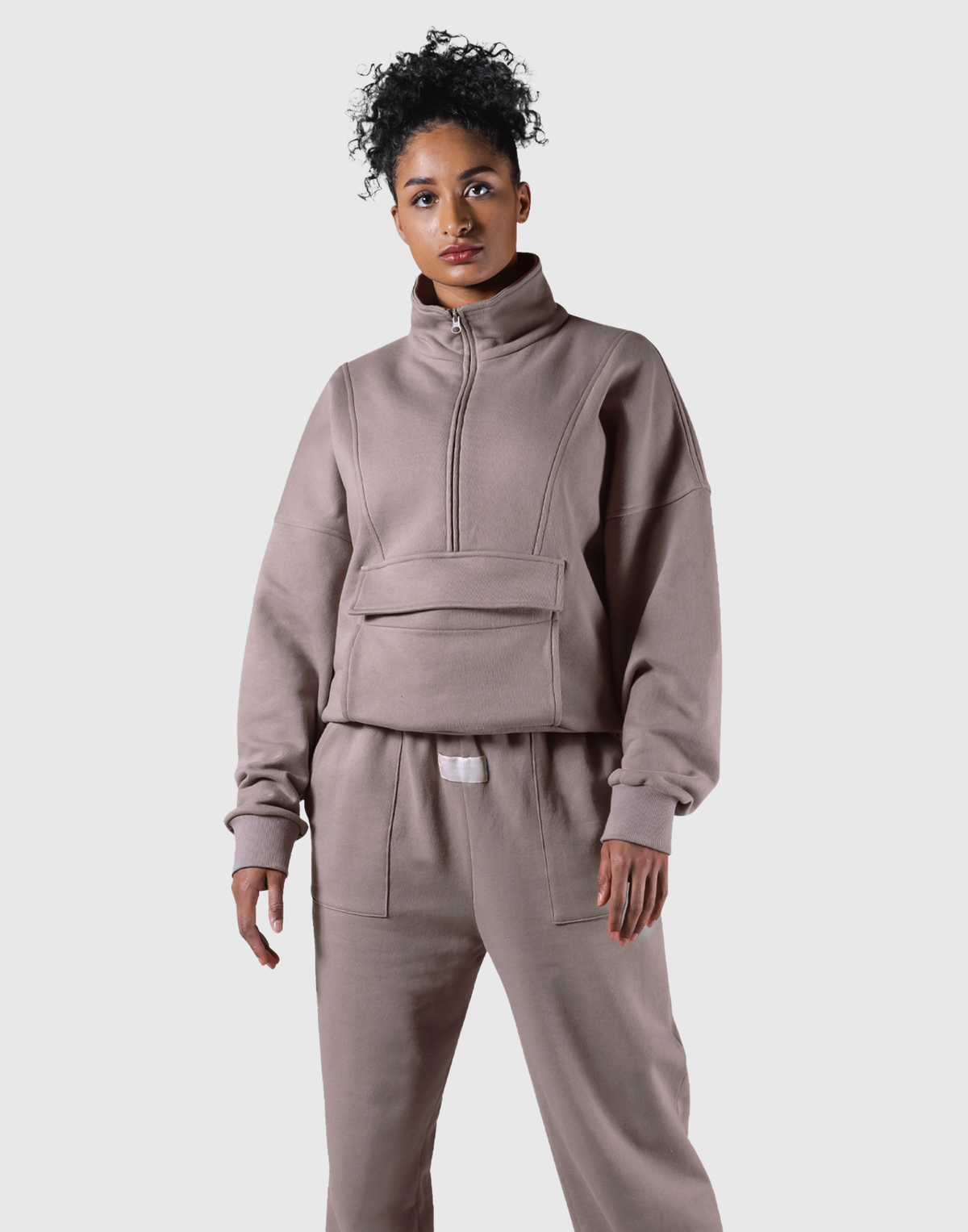 Half Zip 2Way Pocket Sweat Jacket - Greige