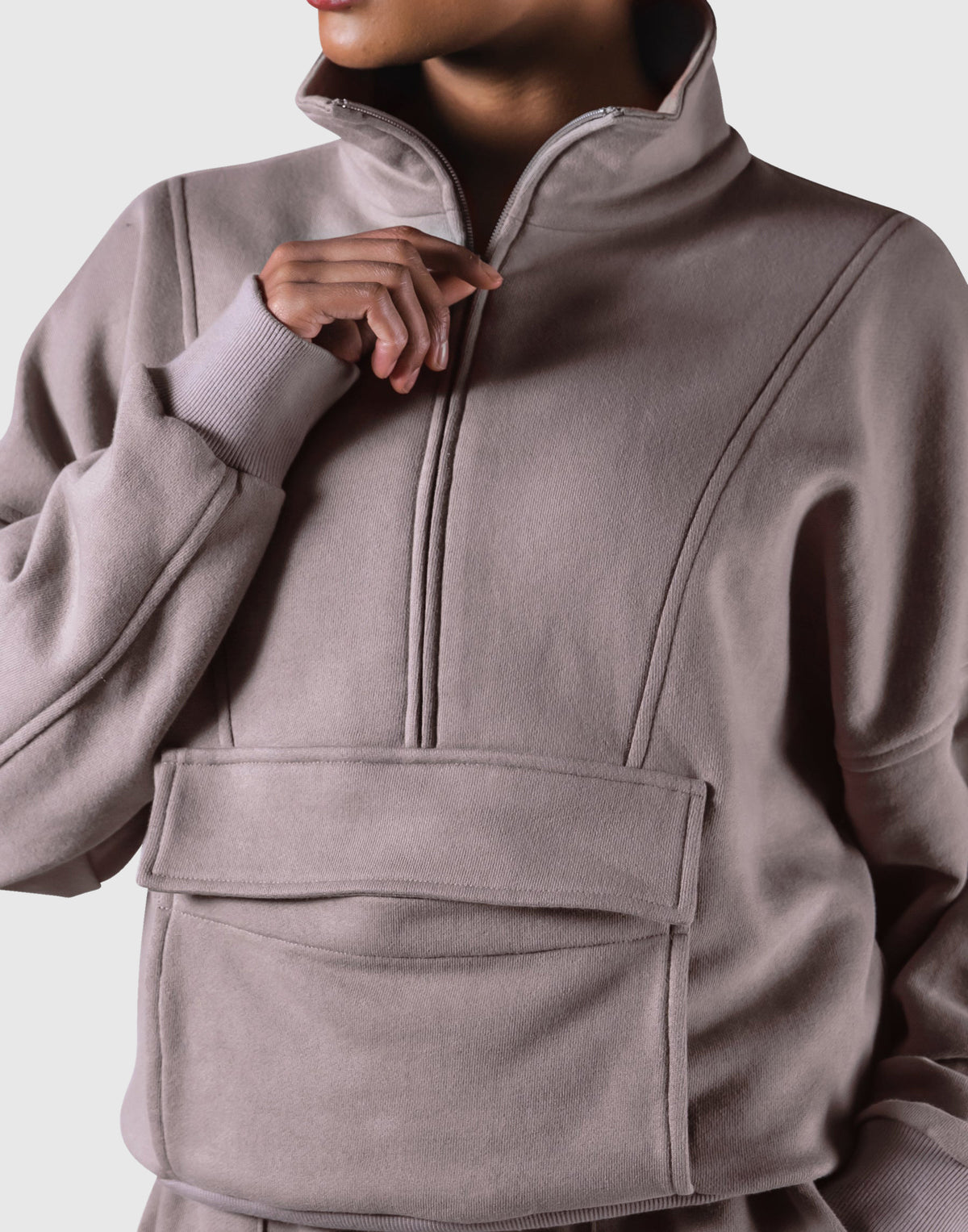 Half Zip 2Way Pocket Sweat Jacket - Greige