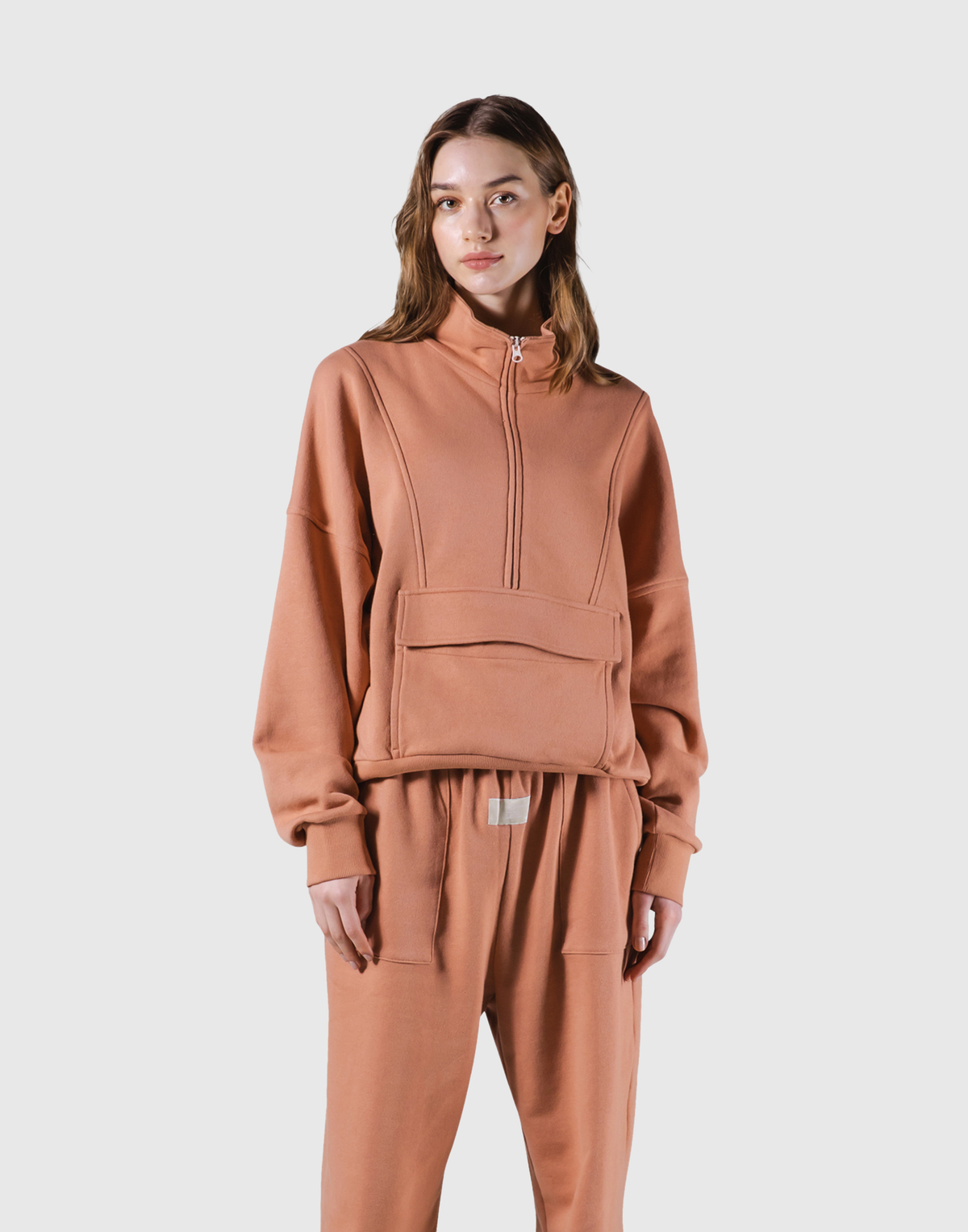 Half Zip 2Way Pocket Sweat Jacket - Coral