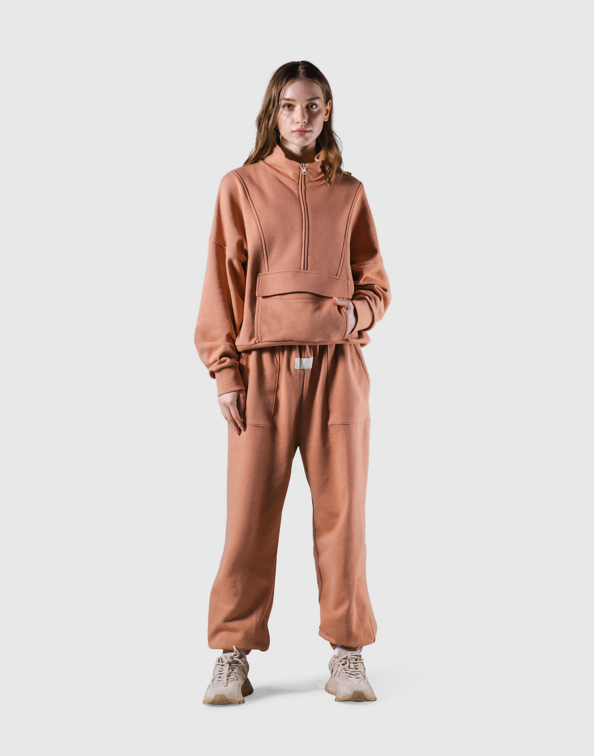 Half Zip 2Way Pocket Sweat Jacket - Coral