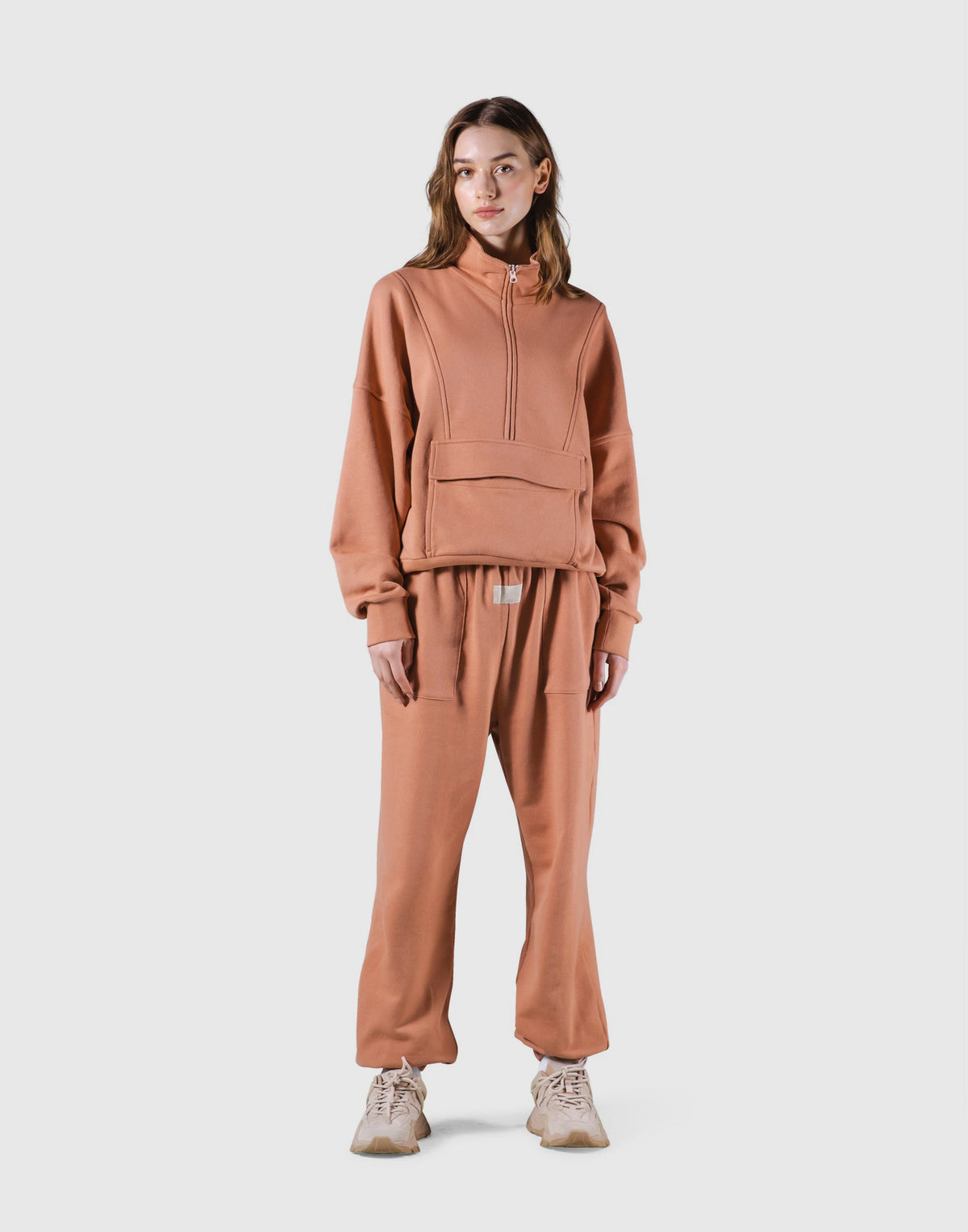 Half Zip 2Way Pocket Sweat Jacket - Coral