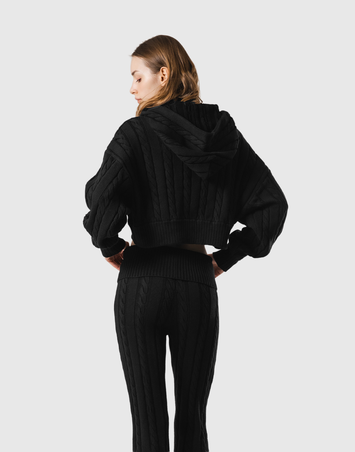 Cropped Cable Knit Hoodie - Black