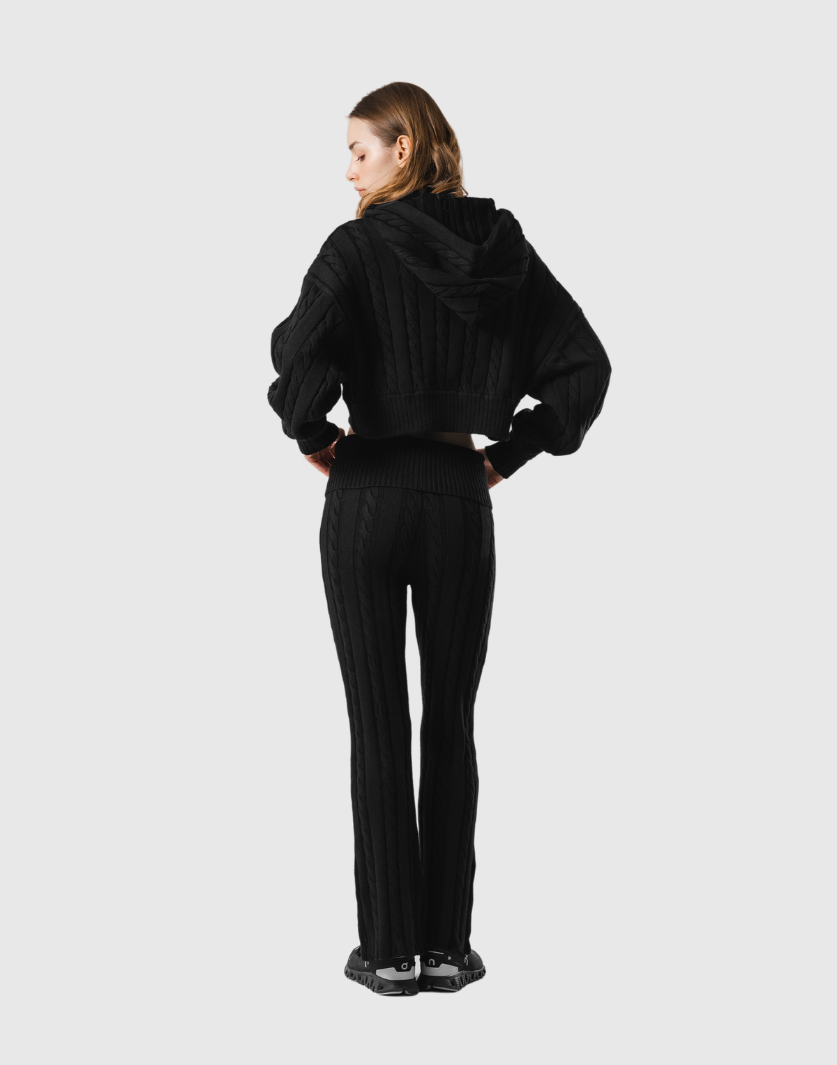Cropped Cable Knit Hoodie - Black