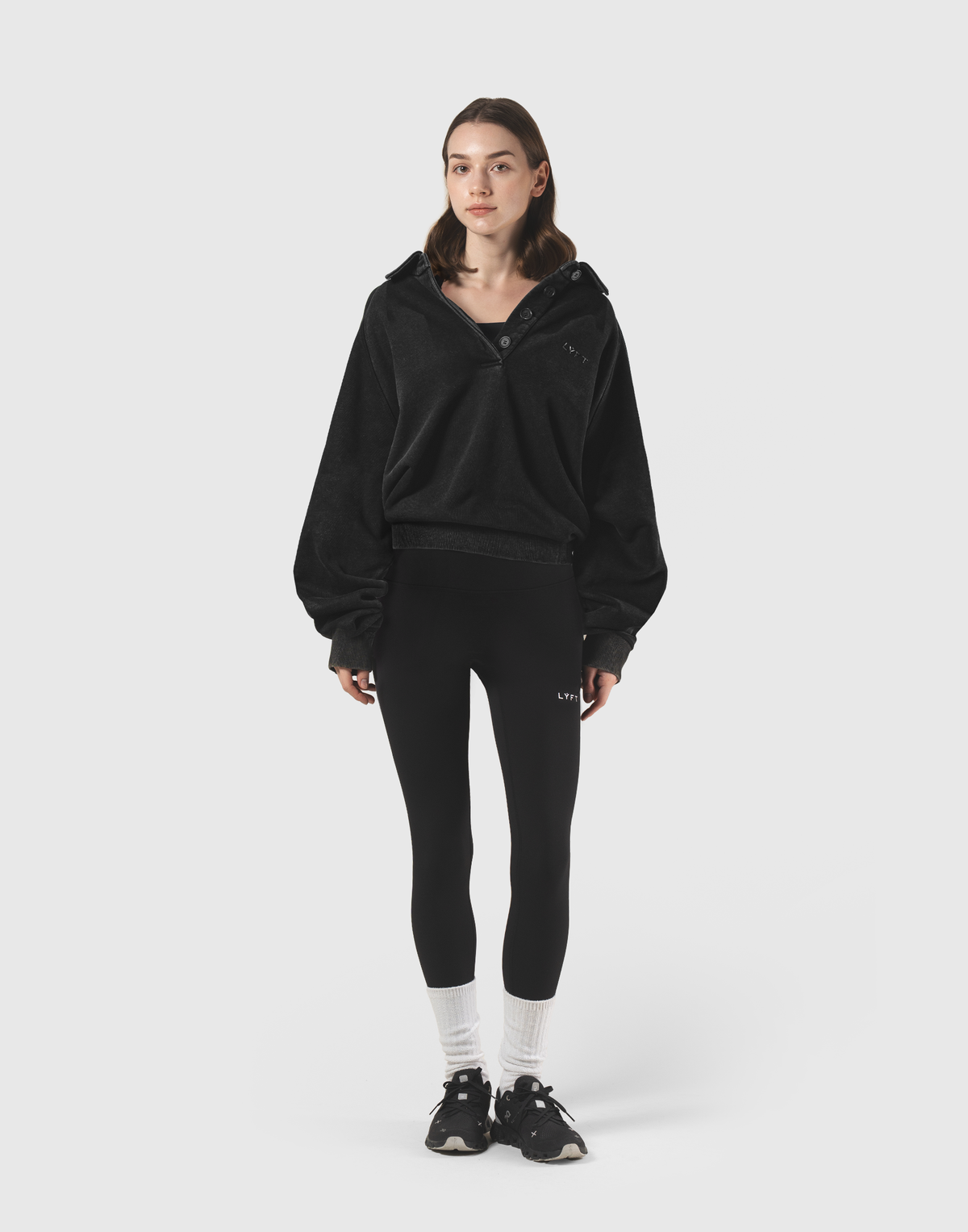 Raglan Sleeve Polo Sweatshirt - Black