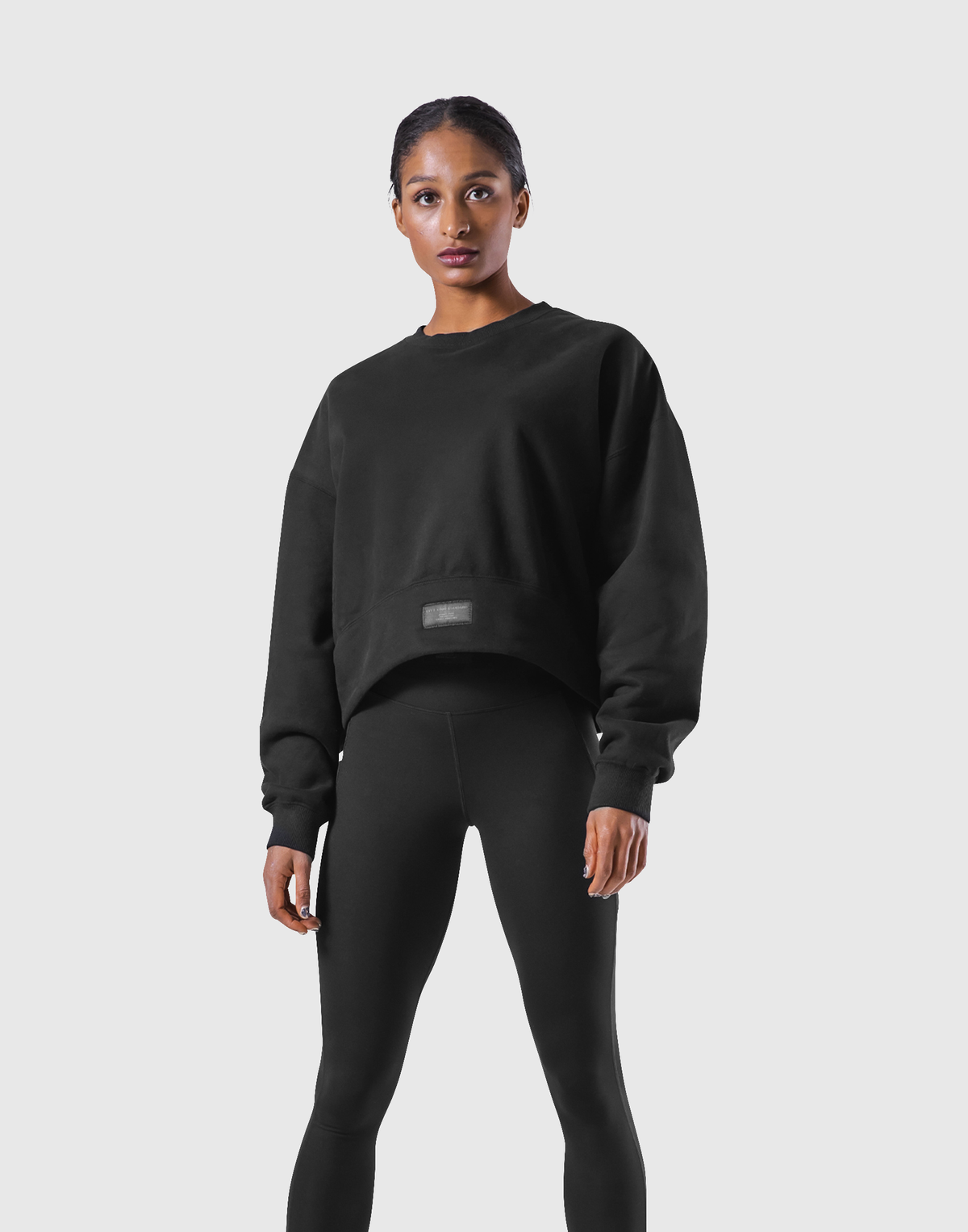 Woven Label Cropped Crewneck Sweat - Black
