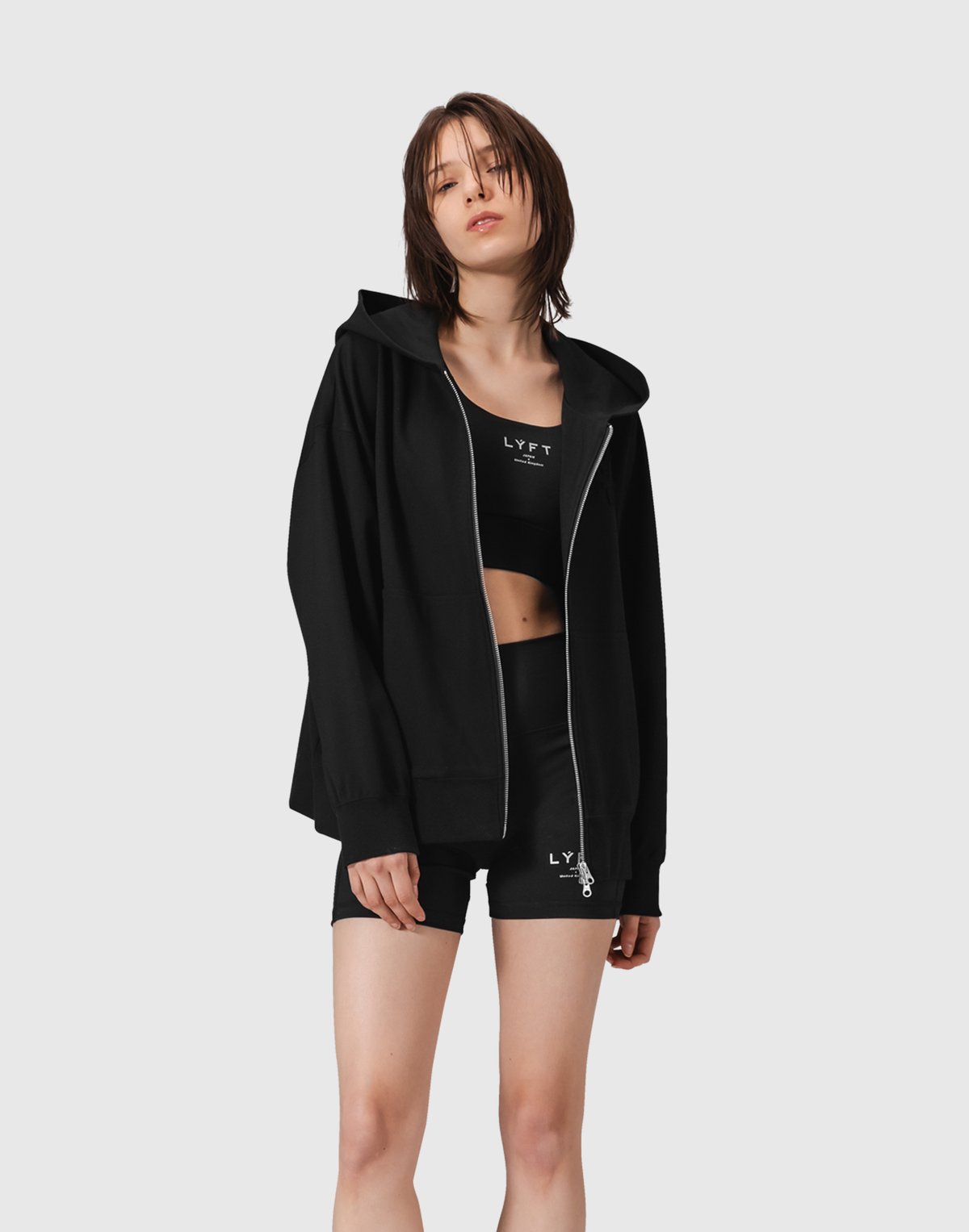 Patching Logo Zip-Up Stretch Hoodie - Black
