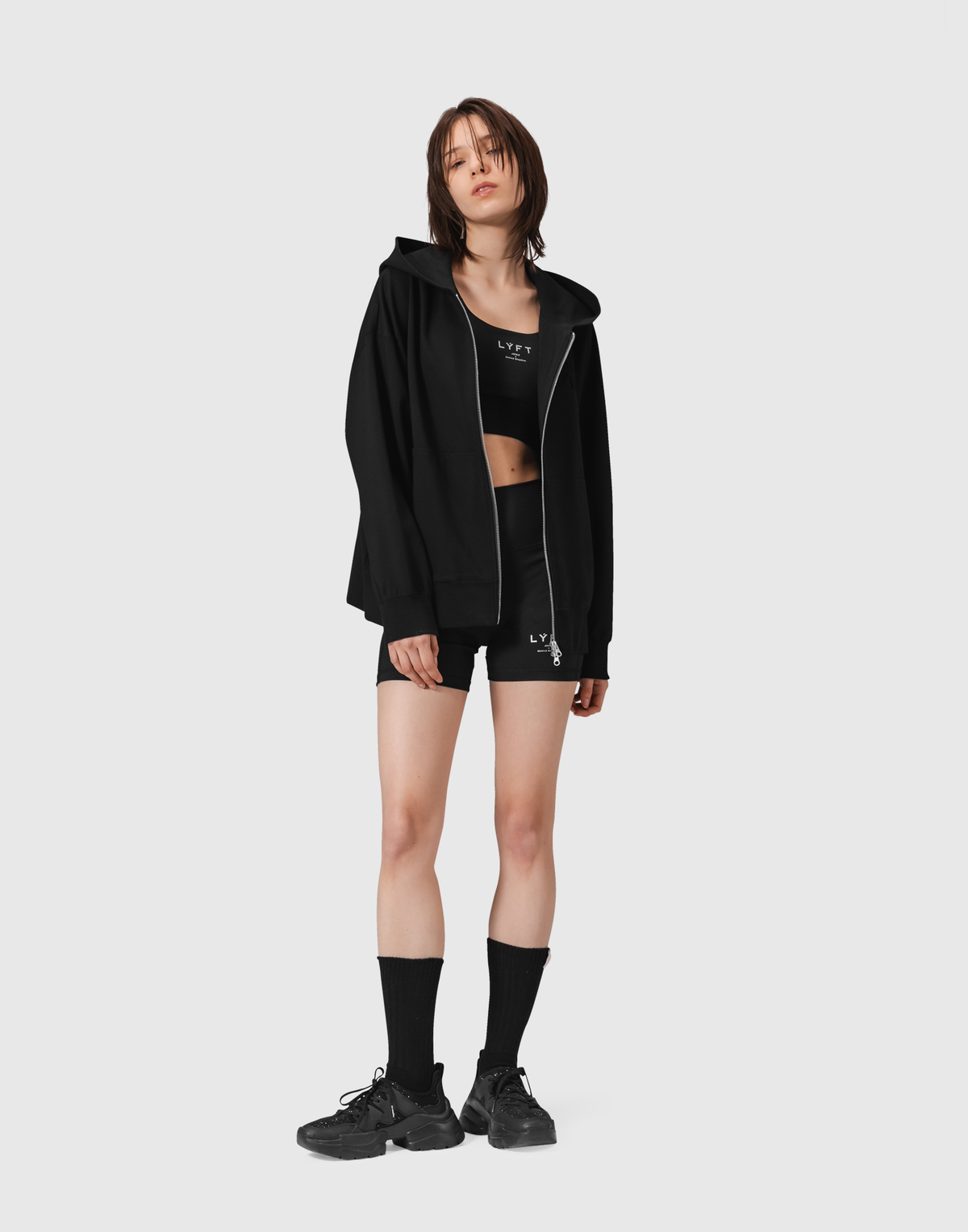 Patching Logo Zip-Up Stretch Hoodie - Black