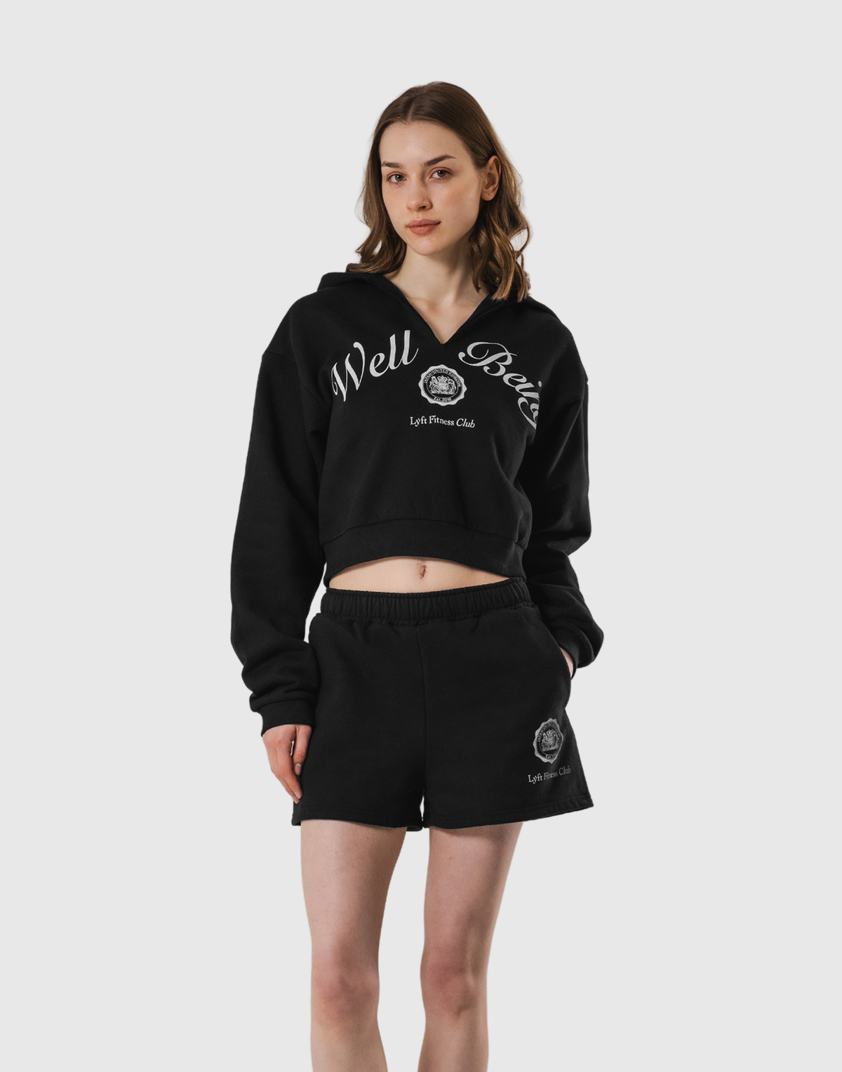 Front-Cut Cropped Hoodie - Black