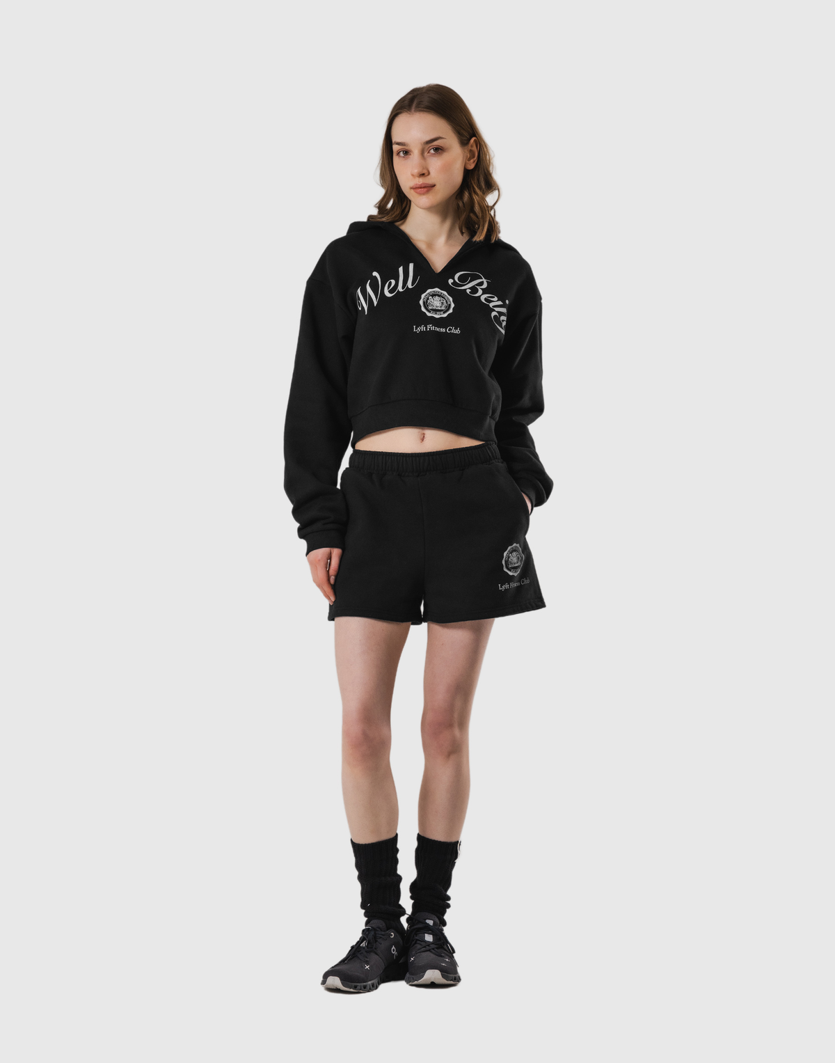Front-Cut Cropped Hoodie - Black