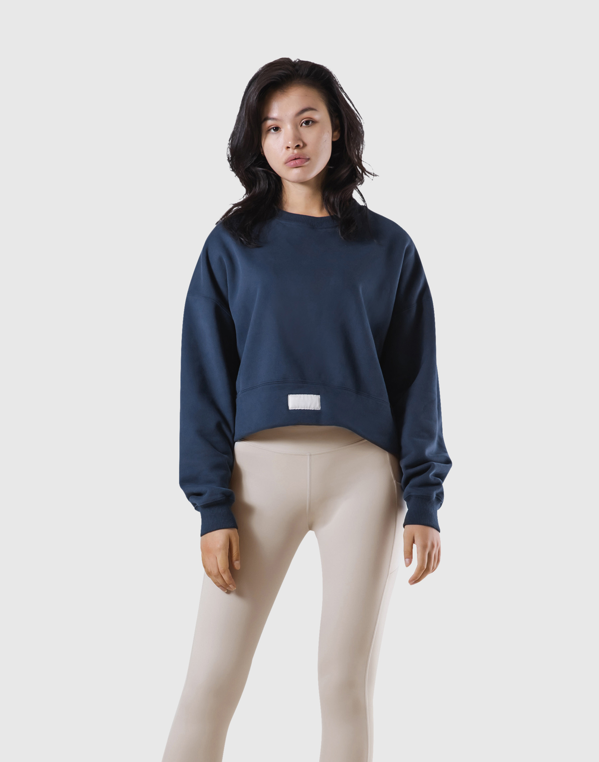 Woven Label Cropped Crewneck Sweat - Navy