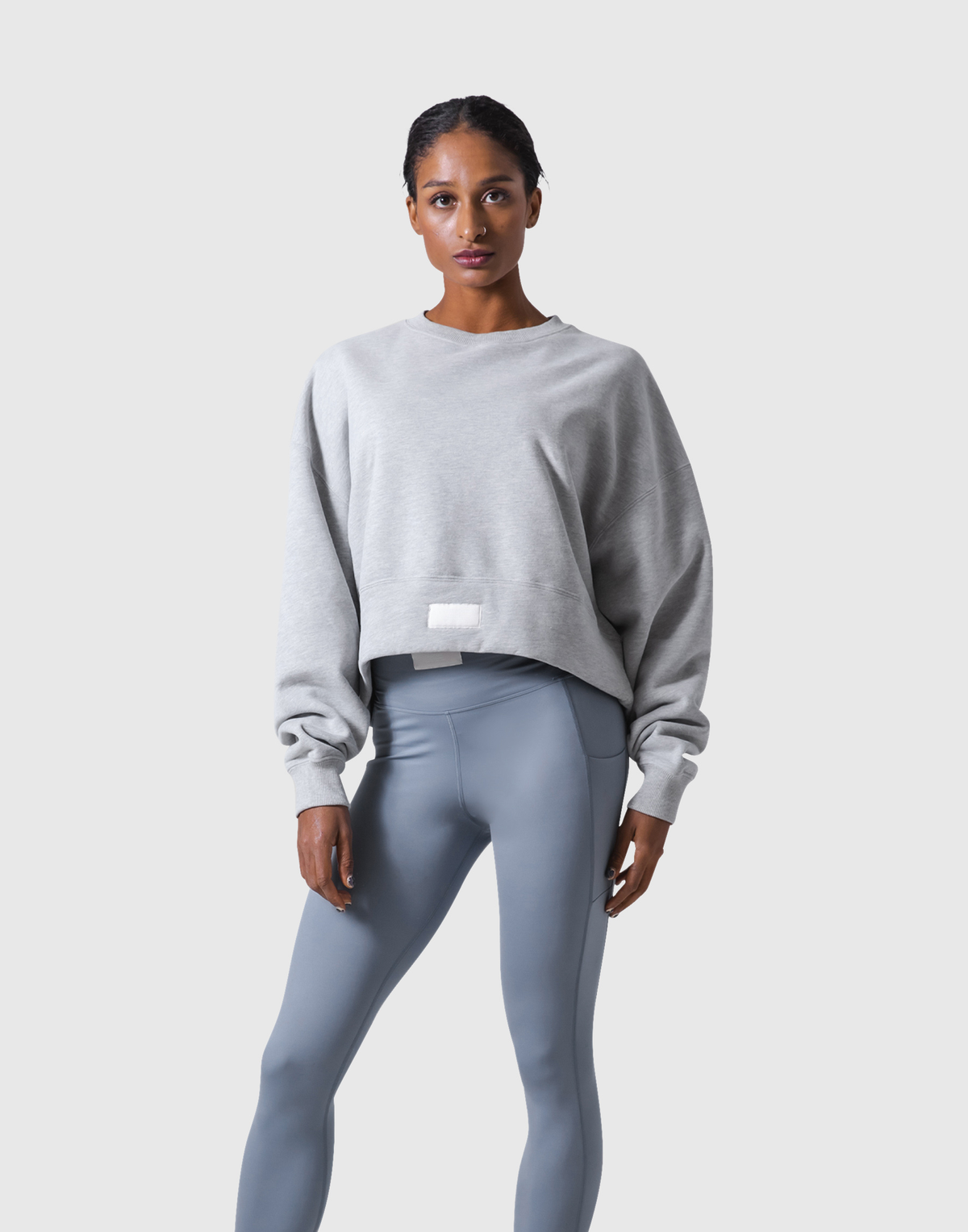 Woven Label Cropped Crewneck Sweat - Grey