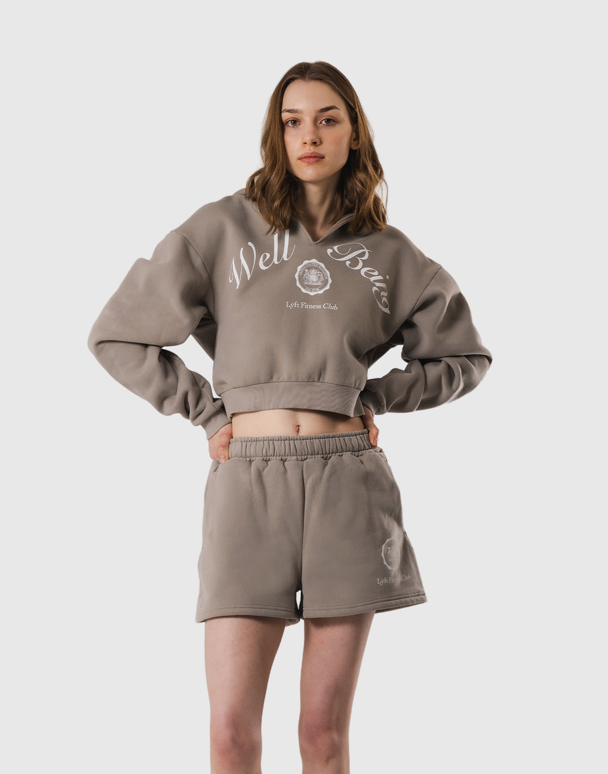 Front-Cut Cropped Hoodie - Beige