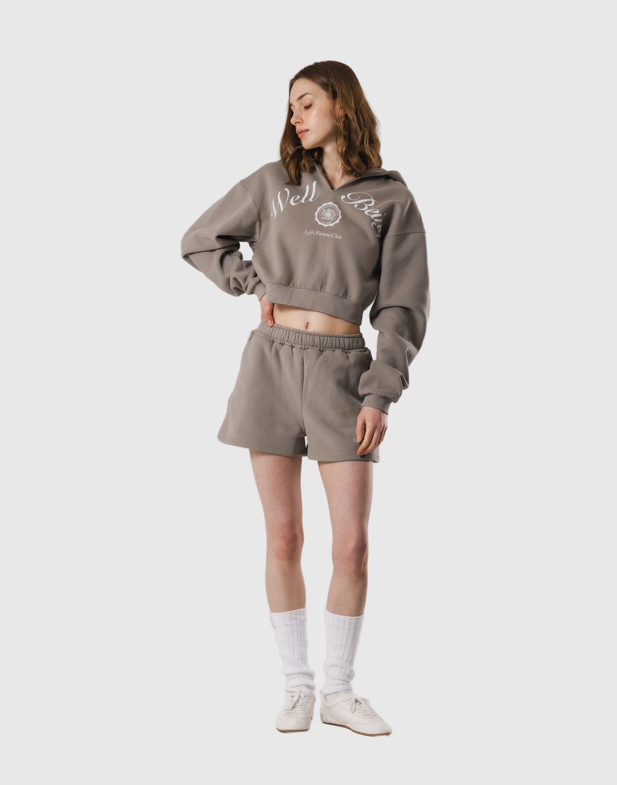 Front-Cut Cropped Hoodie - Beige