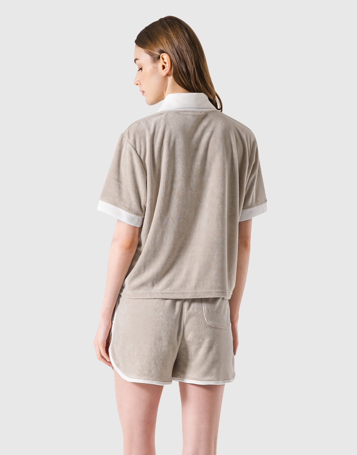 Bicolor Split Neck Pile T-Shirt - Beige
