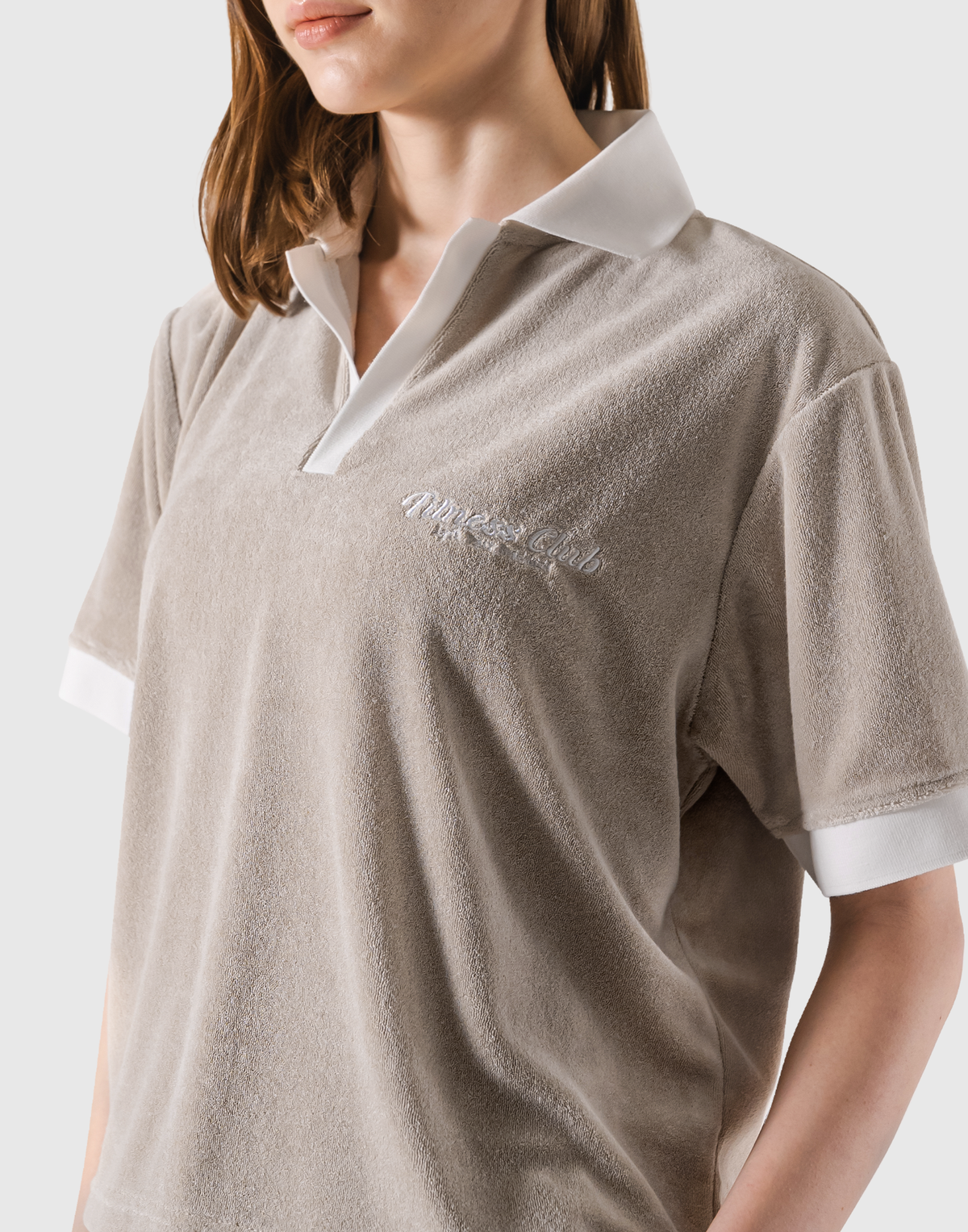 Bicolor Split Neck Pile T-Shirt - Beige
