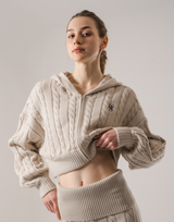 Cropped Cable Knit Hoodie - Ivory