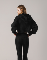 Cropped Cable Knit Hoodie - Black