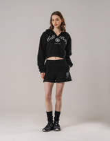 Front-Cut Cropped Hoodie - Black