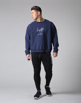 Script Logo 2Way Stretch Oversize Crewneck - Navy