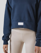 Woven Label Cropped Crewneck Sweat - Navy