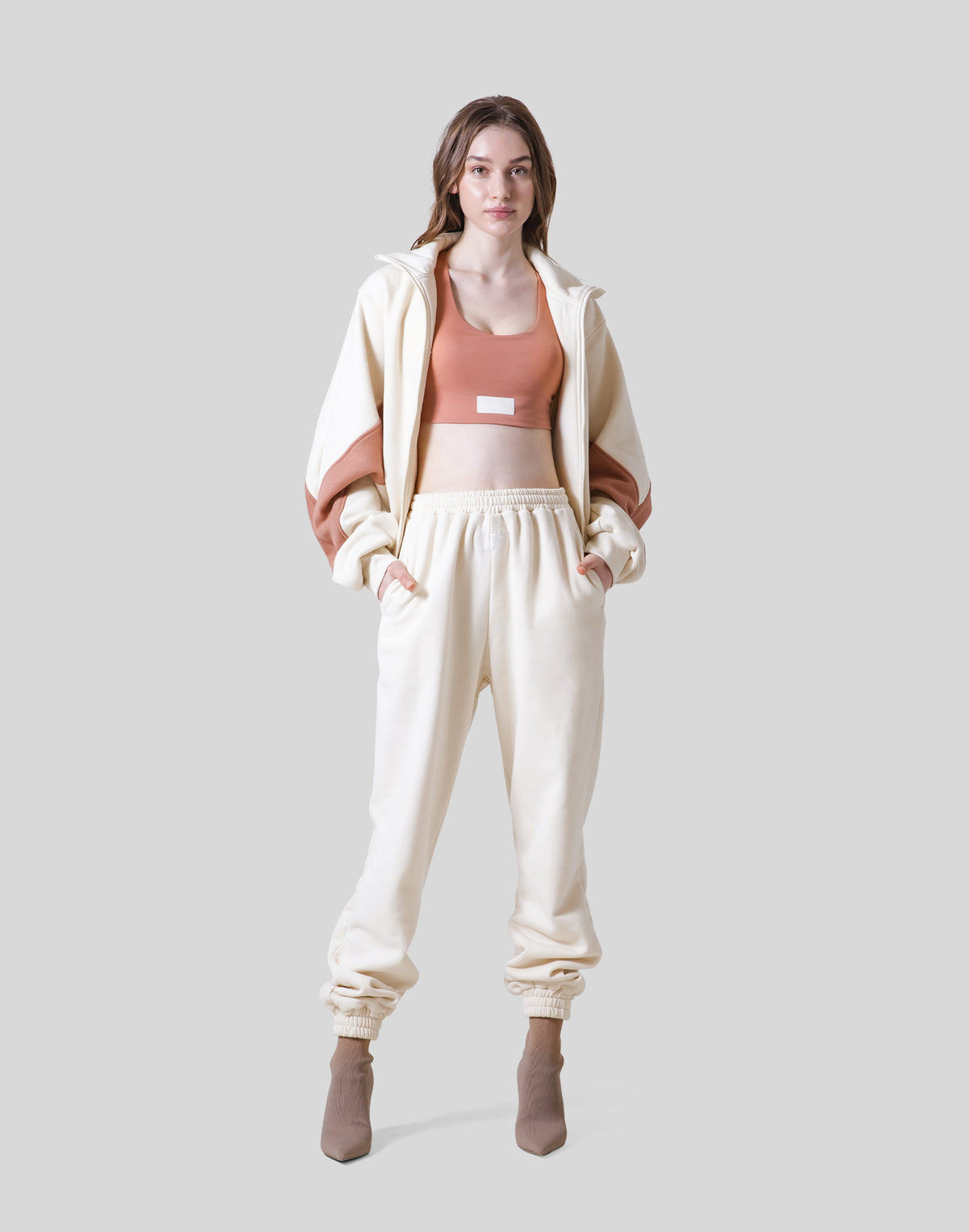Loose Fit Zip Up Sweat Jacket - Ivory / Coral