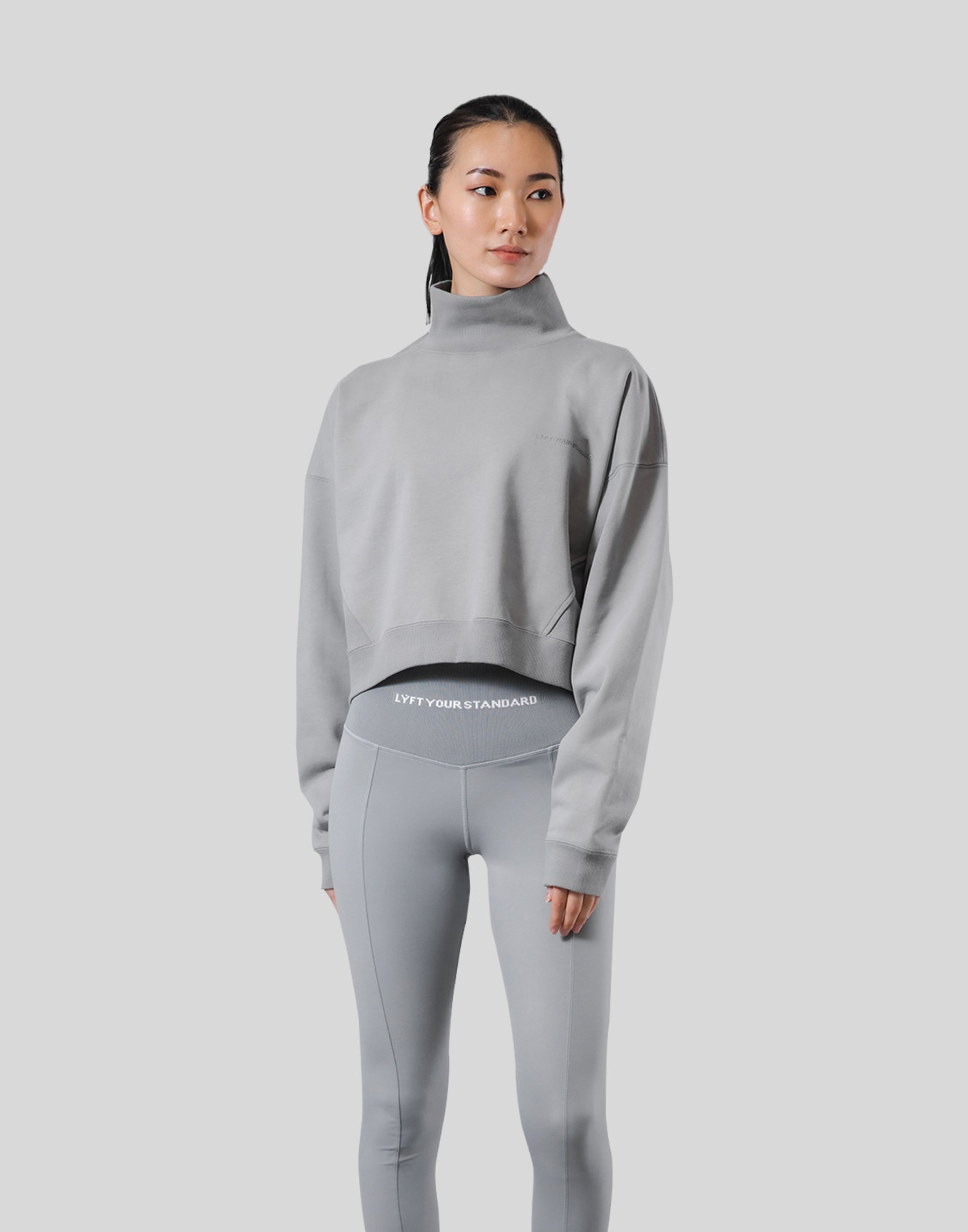 High Neck Cropped Sweat Shirt - Grey