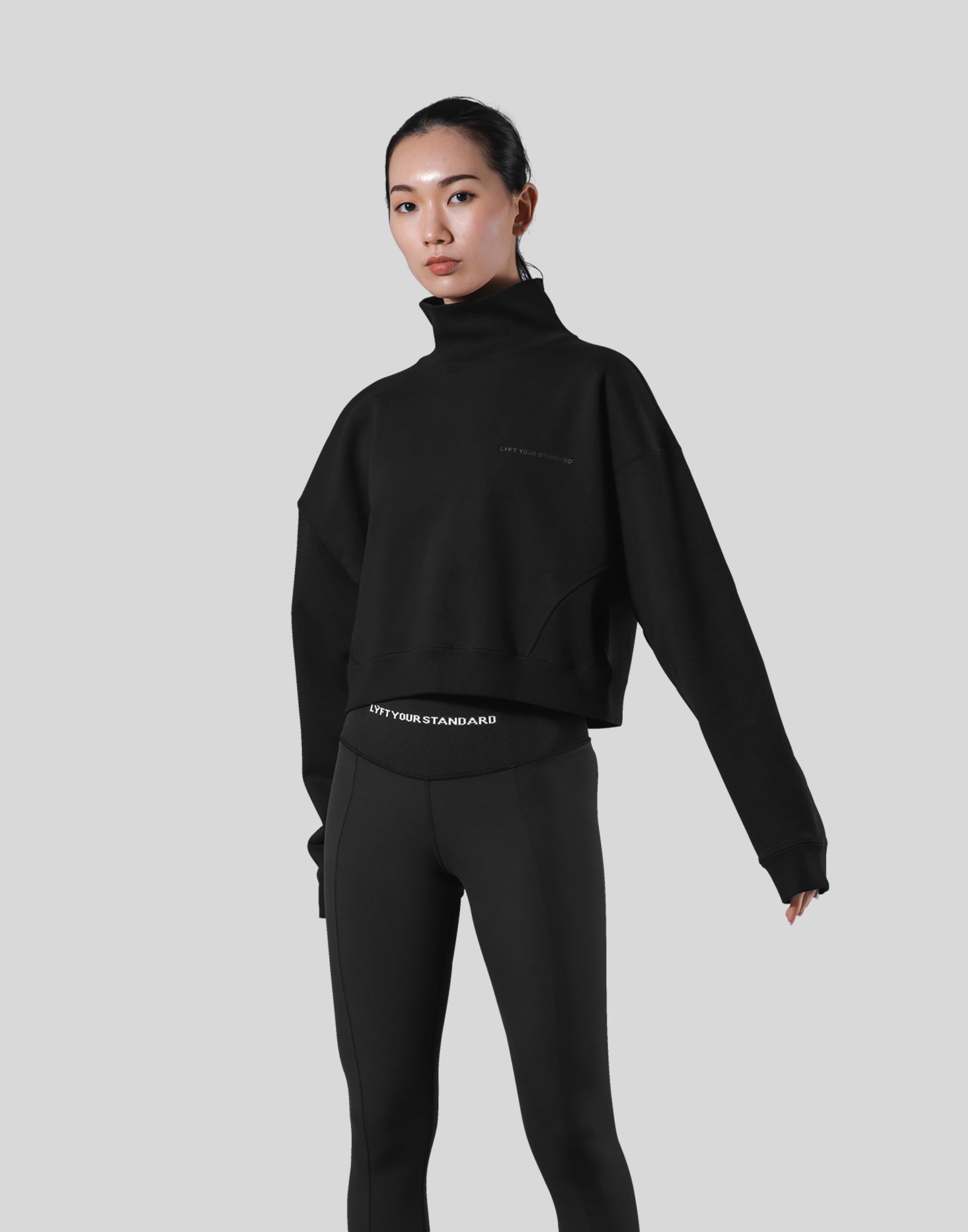 High Neck Cropped Sweat Shirt - Black