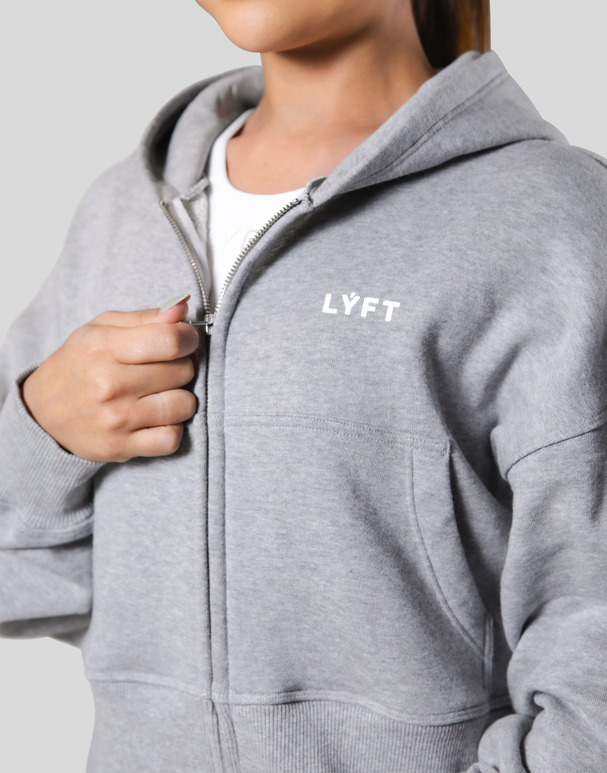 Zip-Up Cropped Light Sweat Hoodie - Grey