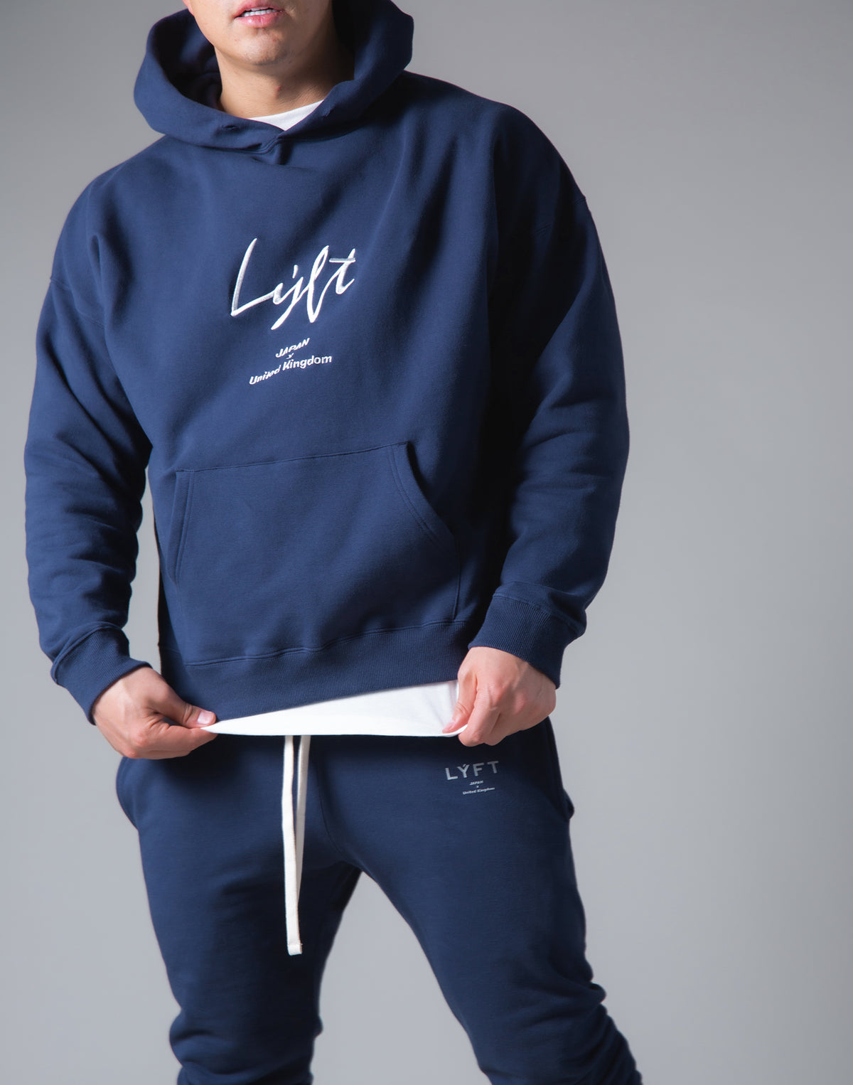 Script Logo 2Way Stretch Warm Pullover Hoodie - Navy