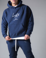 Script Logo 2Way Stretch Warm Pullover Hoodie - Navy